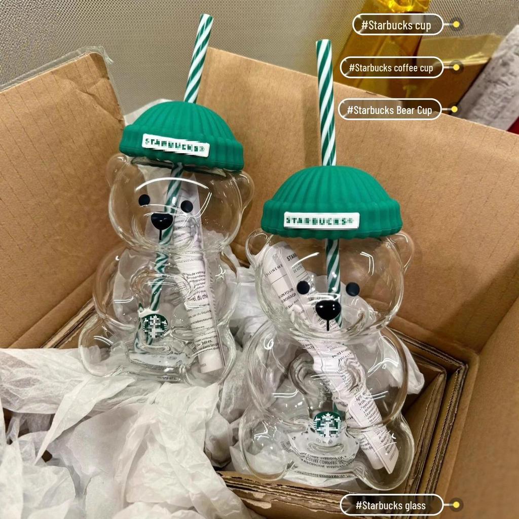 Cute Bear-Shaped Glass Cup with Straw - 20oz Portable Ice King Cup