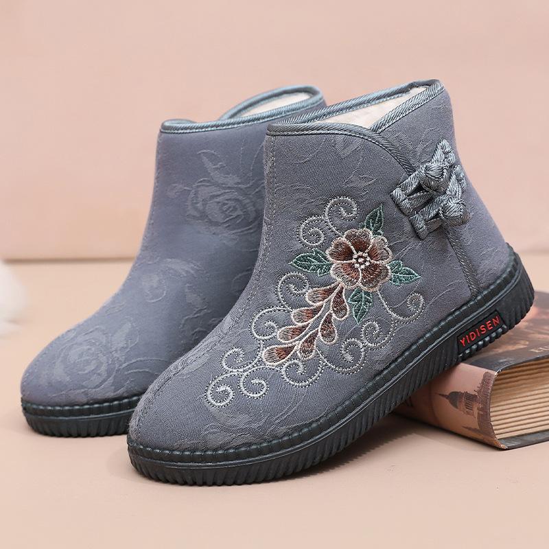 Winter Plus Velvet Warm Old Beijing Cloth Shoes Women's Vintage Ethnic Style Non-slip Soft-soled Embroidered Short Cotton Boots