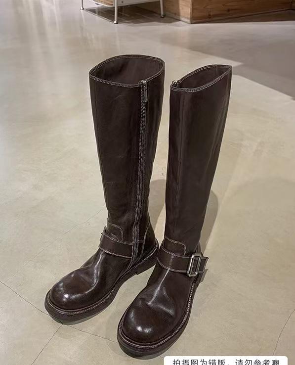 

Версия из овчины~ Ботинки-казаки женские из вымытой кожи с круглым носком и толстым каблуком, с широким голенищем, на толстой подошве, универсальные, ботинки Мартин, длинные ботинки 40