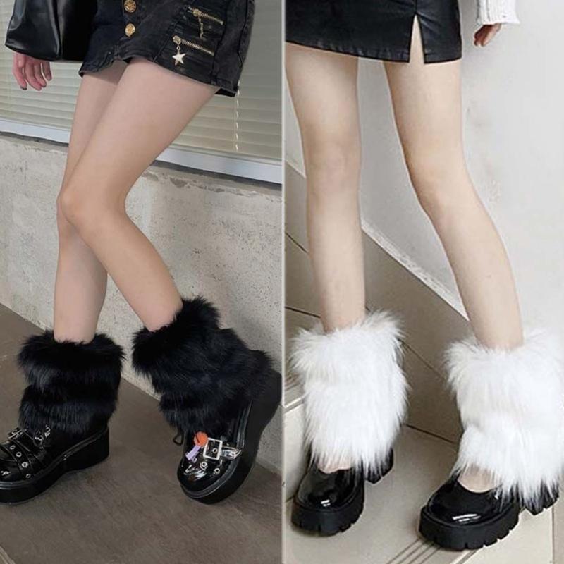 Fuzzy Faux Furs Leg Warmers Furs Heels Long Boots Cuffs Cover Has Elastic One Pair Carnivals Boot Cover Y2K JK Uniform
