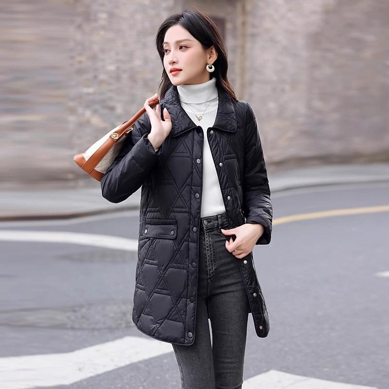 High-end light and thin rhombus cotton clothes women's medium and long styles, winter fashionable warm cotton-padded clothes and jackets are trendy.