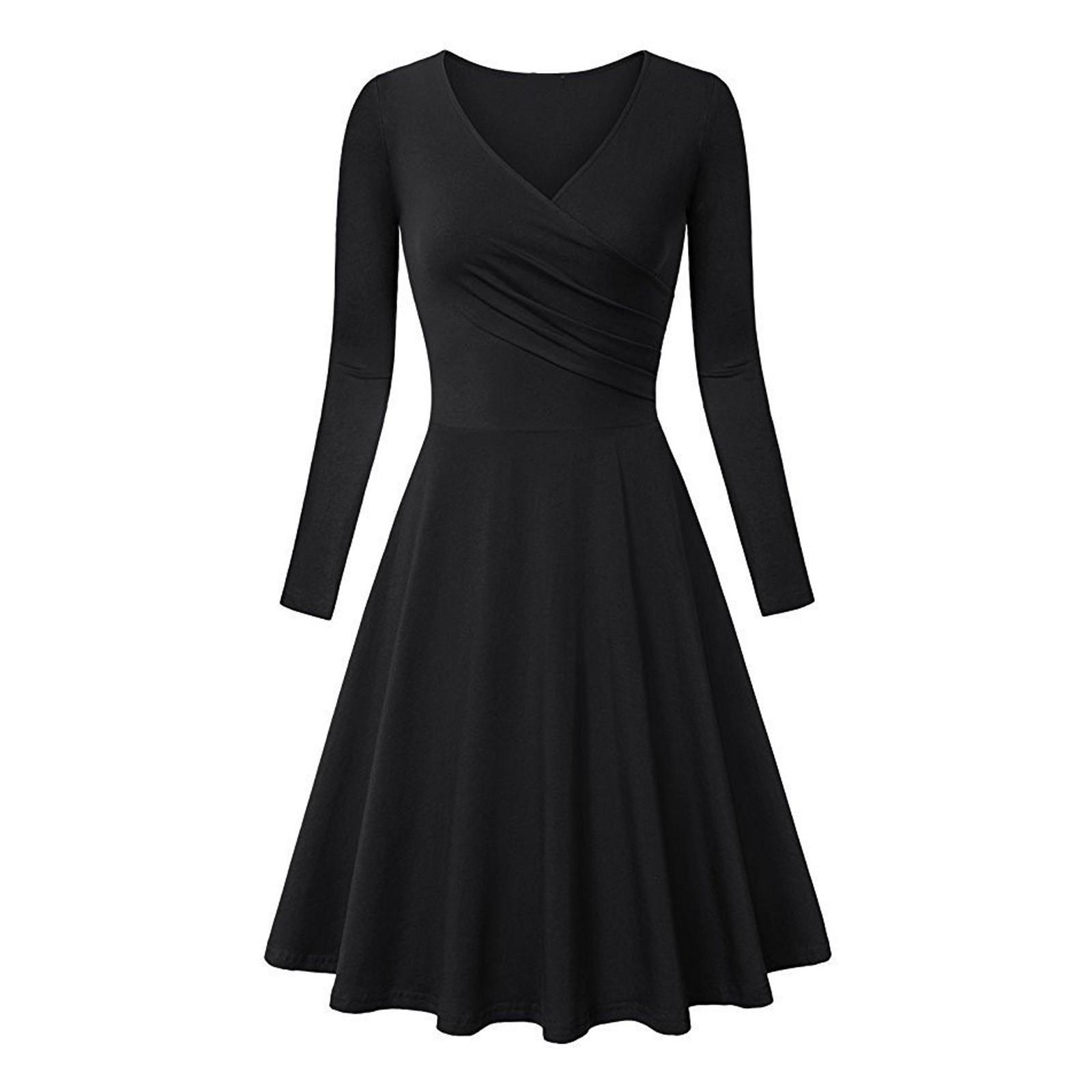 

Fashion Women Color Dress V-Neck Short Sleeve Evening Party Dress S чёрный