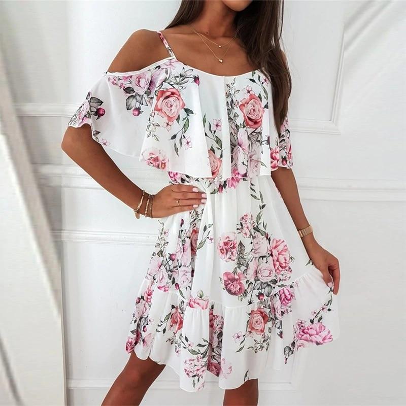 Frauen Floral Print Kleid Sommer Sexy Off Schulter Rüschen Kurzarm Kleid Vestidos 2023 Elegante Casual Spaghetti Strap Kleider
