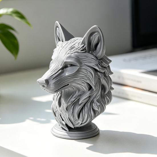 3D Printed Wolf Head Figurine, Realistic Wolf Head Statue with Round Base, Wild Animal Head Sculpture for Home Office Bookshelf
