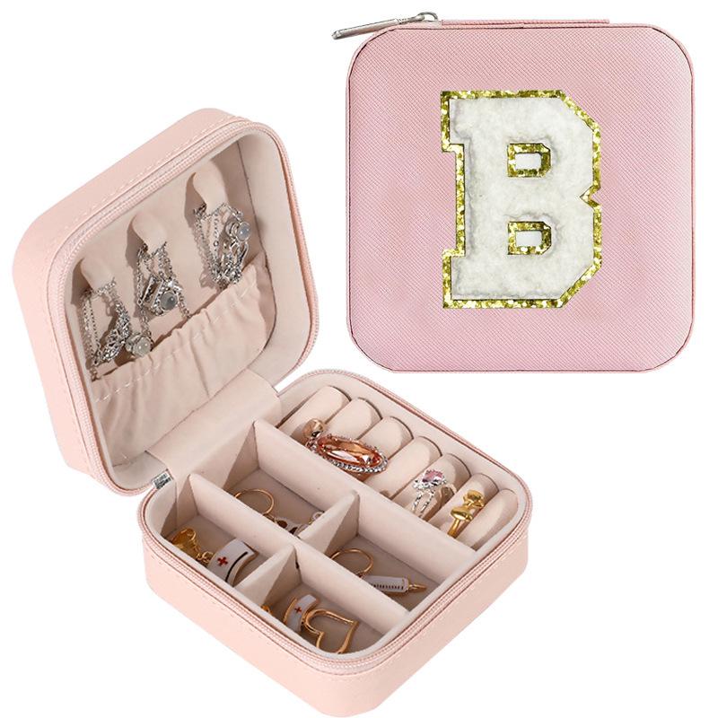Large Capacity Jewelry Box for Stud Earrings and Rings - Portable Leather Storage with Letter Design