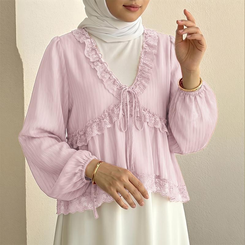 ZANZEA Women Elegant Lace Splice V-Neck See Through Long Sleeve Cover Up Blouse M розовый