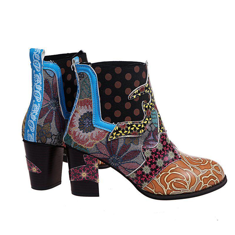 Bohemian Plus Size High Heel Martin Boots - Ethnic Style Patchwork Leather for Women