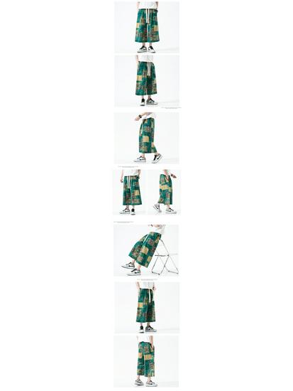 2022 Men's Summer Chinese Print Cotton Linen Capri Pants, Plus Size, Casual Wide Leg Style