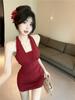 Celebrity chain neck strap evening dress suspender skirt women's summer pure desire sexy backless waist dress