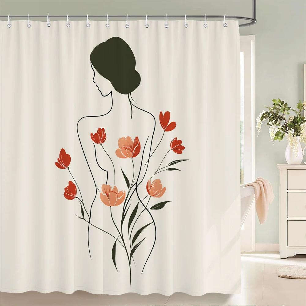 Abstract Bohemian style, Artistic Leaf Woman Shower Curtain Floral Printed Bathroom Bath Curtain Home Decor Curtain With Hooks