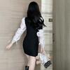 Women's Spicy Lace-up Puff Sleeve Patchwork Dress - Spring/Autumn Slim Fit Short Skirt