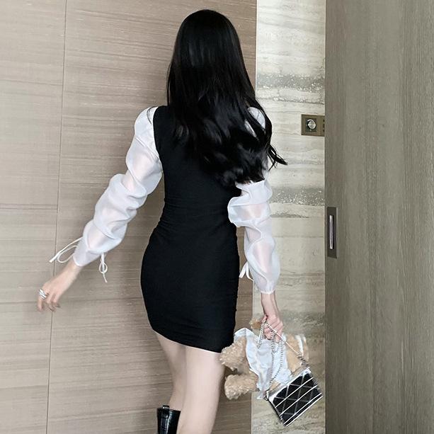 Women's Spicy Lace-up Puff Sleeve Patchwork Dress - Spring/Autumn Slim Fit Short Skirt