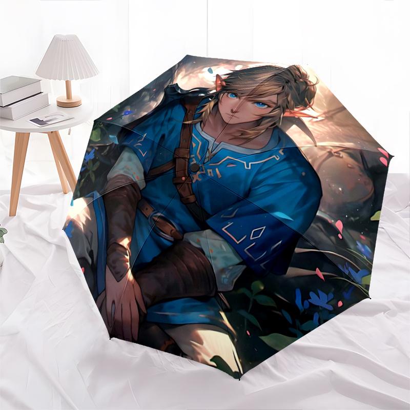 

1pc Link s Journey Through the Enchanted Forest Pattern Beautiful Looking Automatic Folding Cartoon Practical Umbrella, 3 Folding, 8 Iron Frame Design