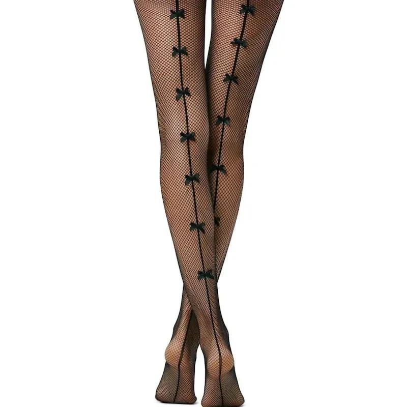 Women's Tights Sexy One Line Design Pantyhose Small Bow Fishnet Stockings Plus Size Women Ladies Female Hosiery New