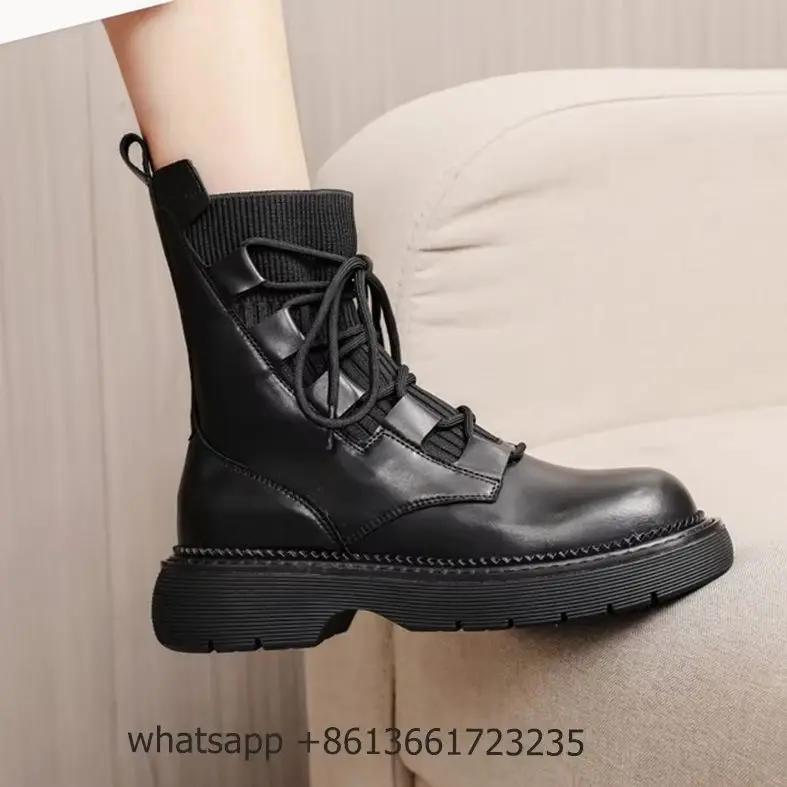 Fashion Black Leather Cross Lace Up Boots Women Fashion Round Toe Platform Flat Heel Ankle Boots Stretch Cloth INS Real Leather Shoes