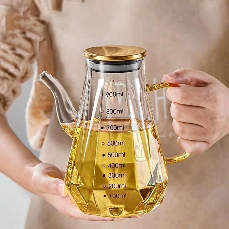 Glass Oil Pots 500/700/900Ml Leak Proof Diamond Oil Bottle With Scale/Lid Kitchen Soy Sauce Vinegar Condiment Storage Container