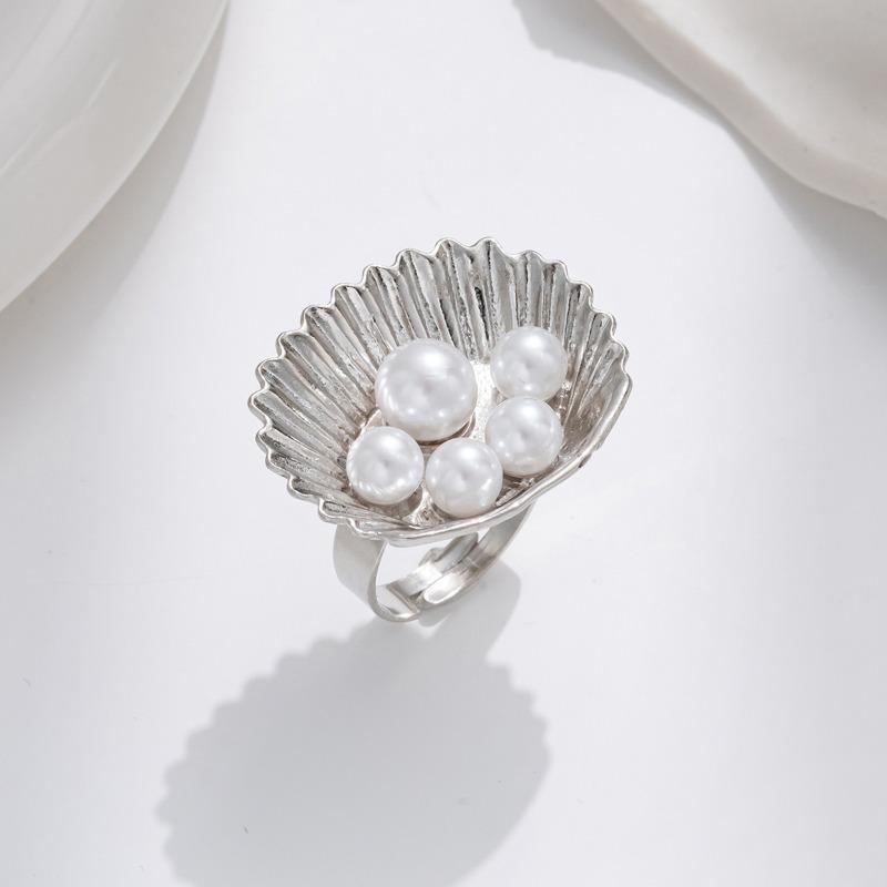 Hot Sale Imitation Pearl Open Ring Fashion Creative Geometric Ocean Vacation Conch Adjustable Jewelry