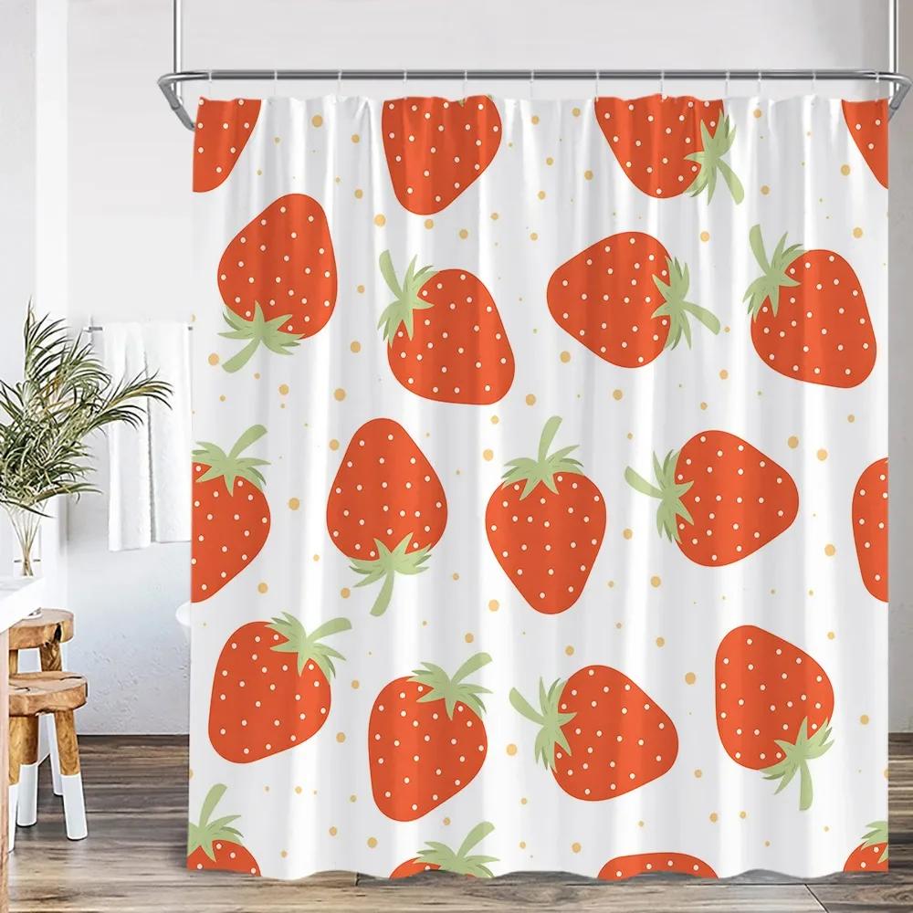Summer Pink Fruit Shower Curtain Strawberry Cherry Peach Watermelon Shower Curtain Girl Woman Polyester Bathtub Decoration
