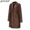 BITCED Long-Length Leather Coat Spring/Autumn Long-Sleeved Leather Trench Coat Stylish British-Style Outerwear Polo Neck Single-Breasted