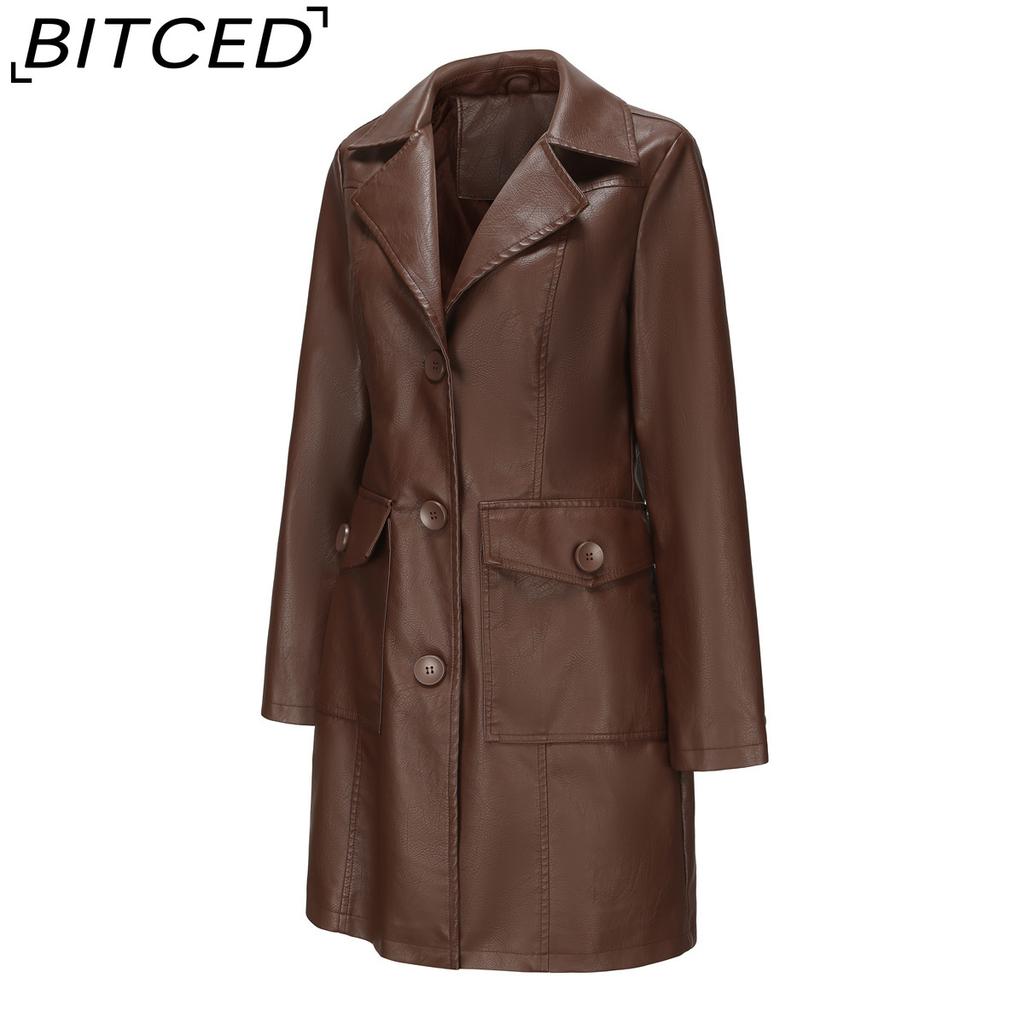 BITCED Long-Length Leather Coat Spring/Autumn Long-Sleeved Leather Trench Coat Stylish British-Style Outerwear Polo Neck Single-Breasted