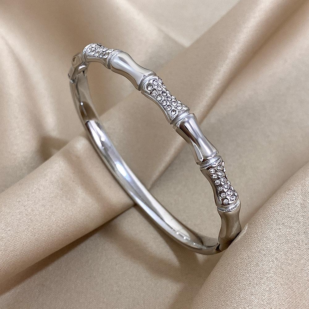 FLASHBUY Bamboo Stainless Steel Bangle, Gold Color, Inlay Rhinestone, Wrist Accessories, Statement Fashion, New Design