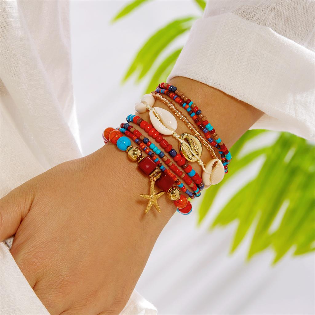 Bohemian Multilayer Starfish Pendant Bracelets Set for Women Handmade Rice Bead Chain Stacking Bracelets Summer Beach Jewelry