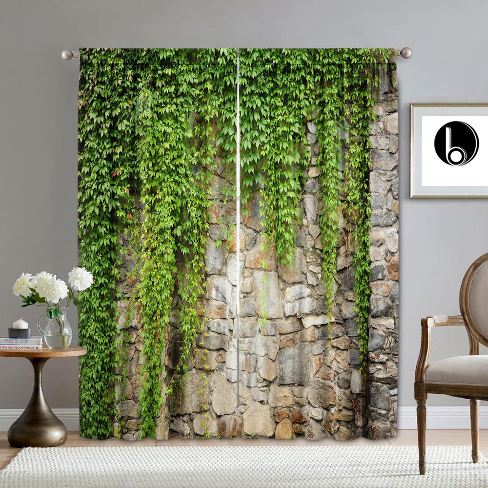 2Pc Home Decoration Curtains, Green Leaf Plant Background Wall, Modern Printed Curtain With Pole Bag, Kitchen, Coffee Shop