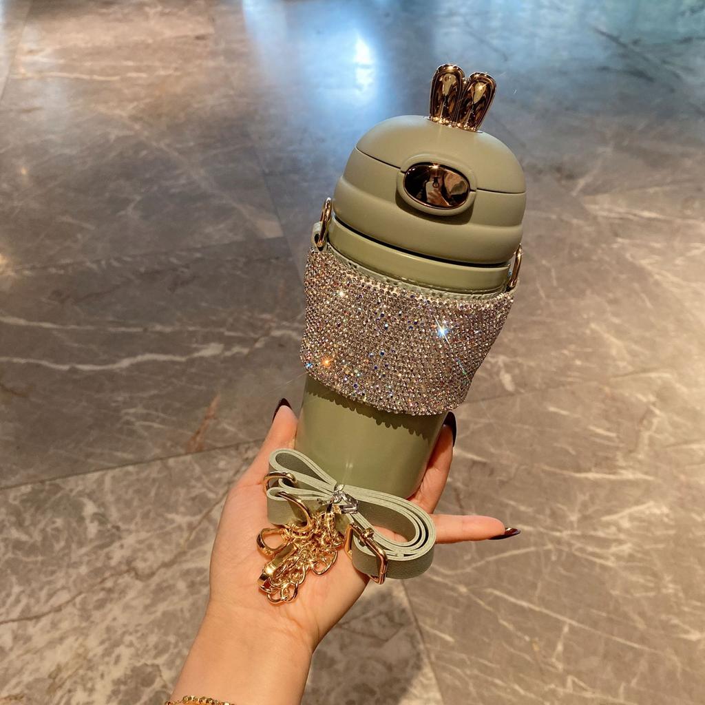 Bling Strass Tasse mit Kettenseil Glitzernde Diamant Wasserflaschen Edelstahl Becher Flasche Mädchen Frauen Geschenk Niedlicher Hase