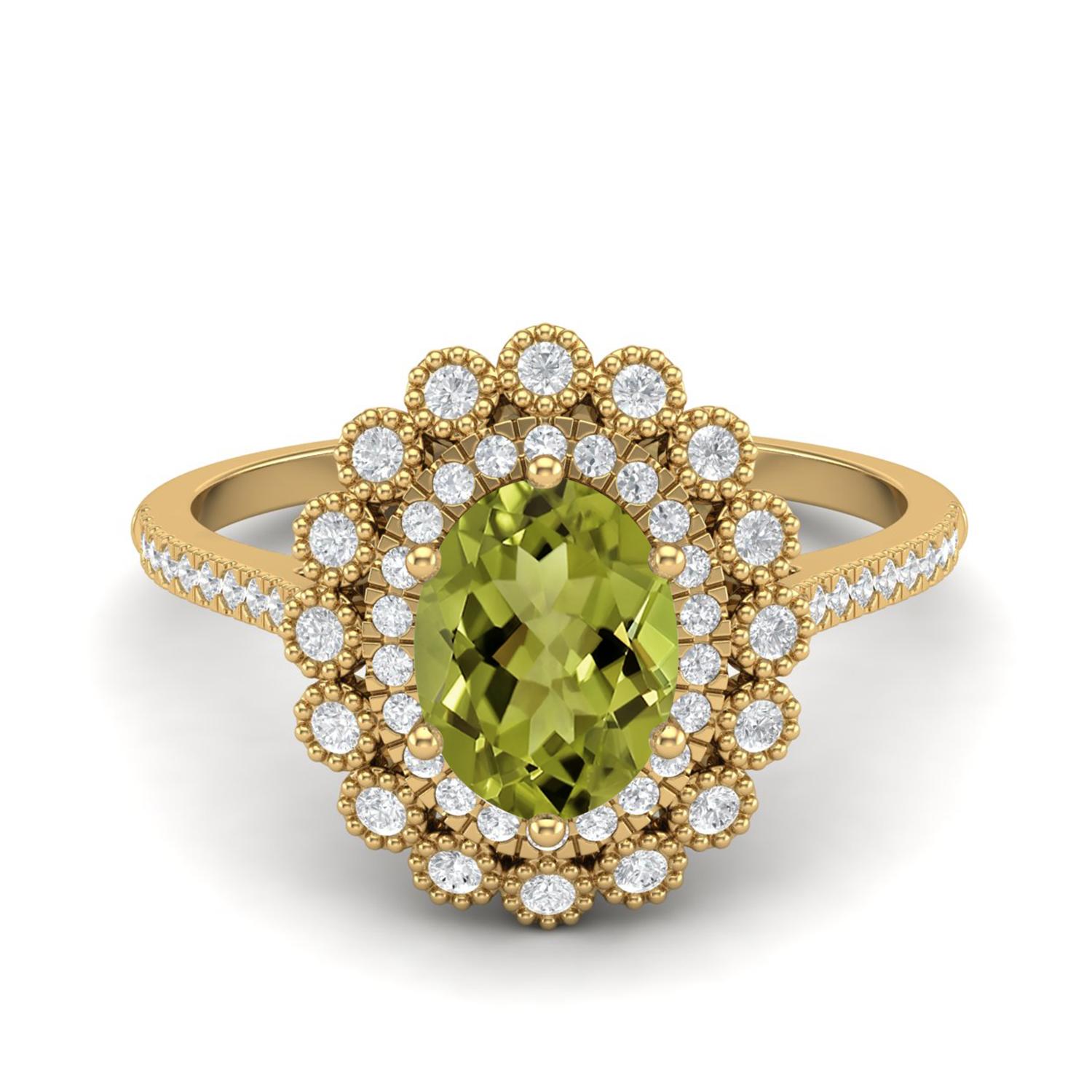 

8X6mm Oval Peridot 925 Sterling Silver Gold Vermeil Solitaire Halo Floral Engagement Women Ring 9 жовтий