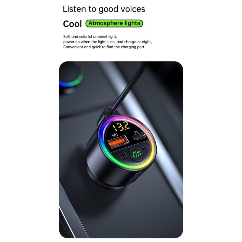 77W Bluetooth-compatible 5.4 FM Transmitter Car Adapter 65W+12W Fast Charging Car Adapter Call Sound LED Display