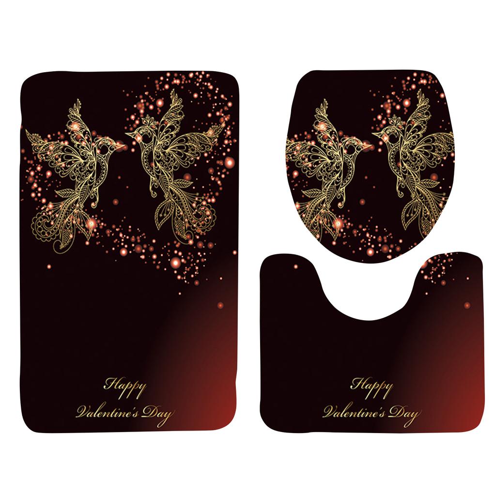 Rose Petal Series Printed Toilet Floor Mat Three-piece Bathroom Slip Carpet Set