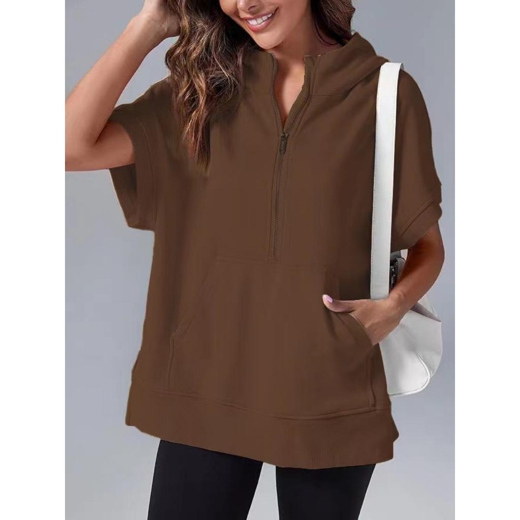 Women's Hooded Short Sleeve Half Zip Oversized Casual Sweatshirt With Pockets