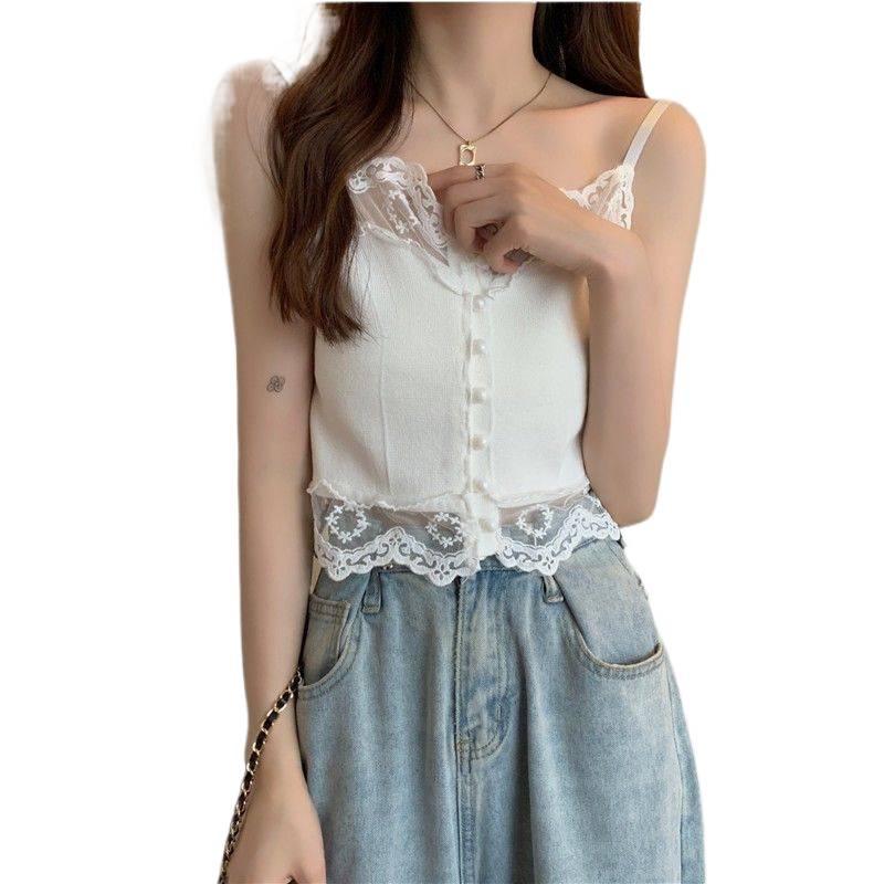 Korean-French Lace Patchwork Knit Camisole - Women's Trendy High Waist Short Top (Summer 2026)