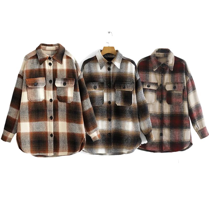 Vintage Women Long Sleeve Woolen Coats Fashion Ladies Thick Plaid Coat Female Streetwear Elegant Girls Oversize Jacket Chic