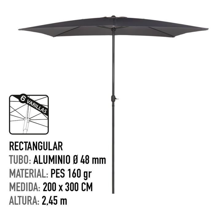 Rechteckiger Aktive Garten Sonnenschirm - Grau - Aluminiumstange - 200x300cm