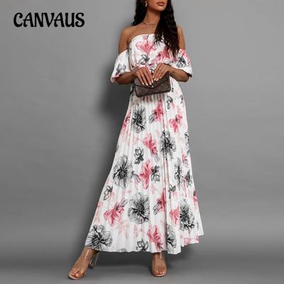 Fashion Sexy One Neck Pressure Pleated Printed Slip Sleeve Women's Summer Printed Long Dress