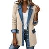 Women's Casual Denim Knit Patchwork Jacket with Lapel Collar for Everyday Wear