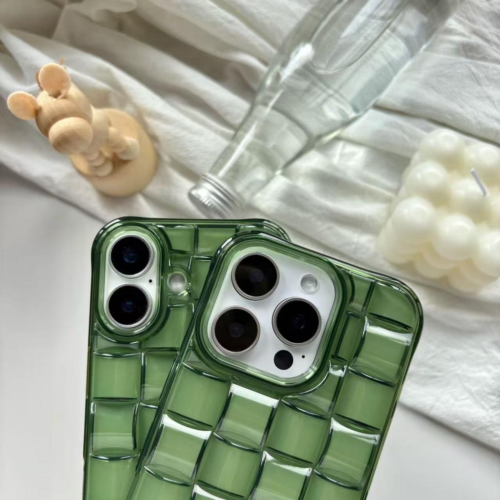 Stereoscopic Green Woven Plaid Convexity Soft Transparent Cube Pattern Cover Phone Case for IPhone 11 12 13 14 15 16 17 Pro Max