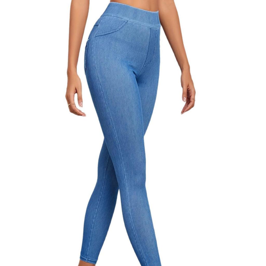 European-Style Faux Denim Yoga Pants: Slimming, High-Waist, Tummy Control, Leg-Lifting, Hip-Enhancing with Pockets.