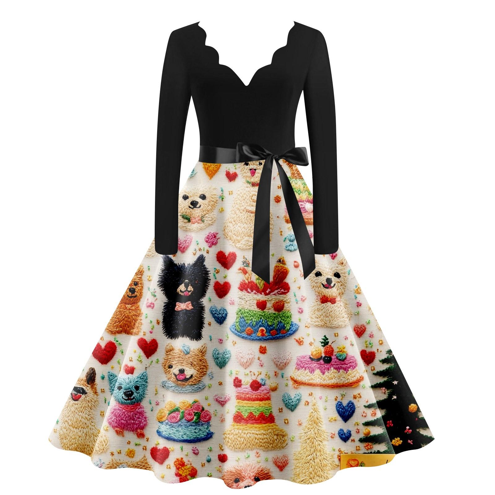 

Женское повседневное модное платье с V-образным вырезом и длинным рукавом с милым принтом в винтажном стиле XL хаки