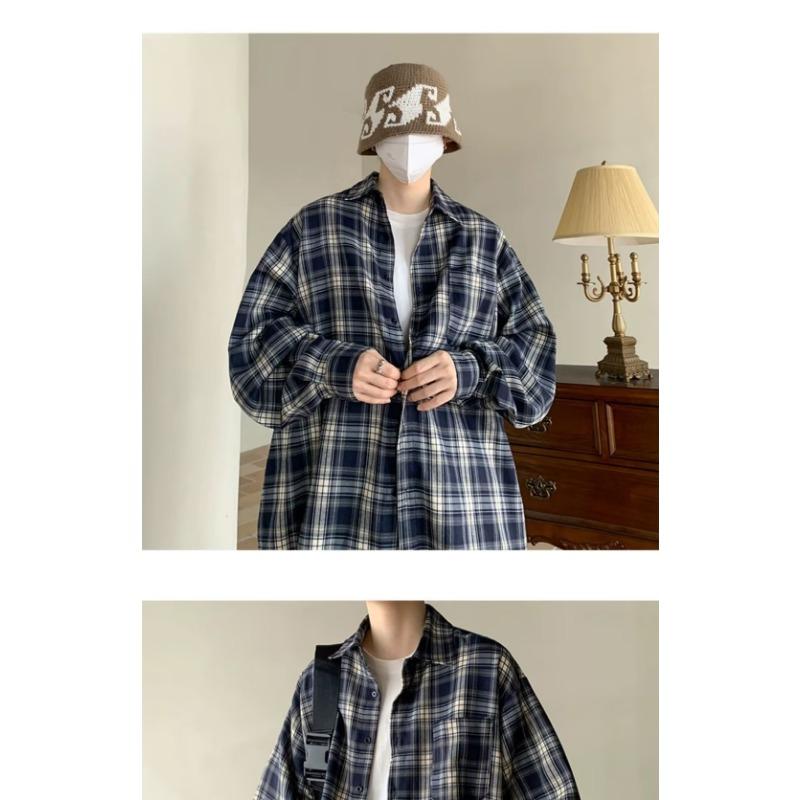 Camisa de Manga Larga Vintage Estilo Japonés para Hombre Holgada Casual