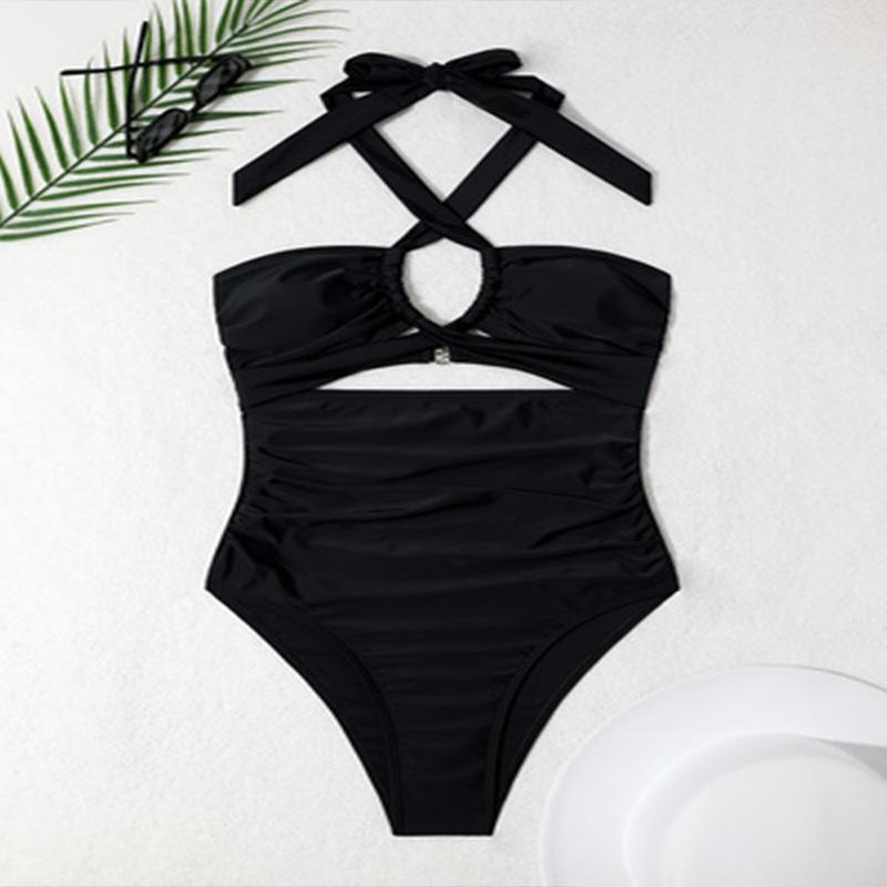 Women s Black Halter Crisscross Cutout Ruched One-Piece Swimsuit S