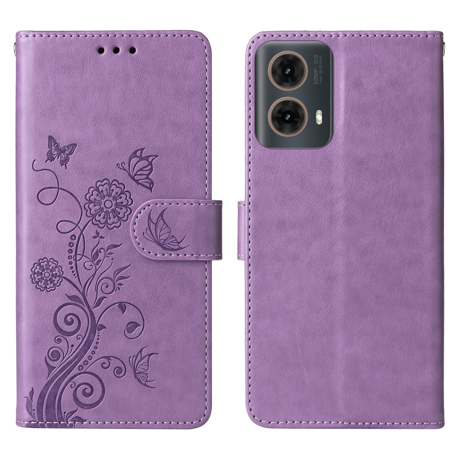 

Чехол-подставка для Motorola Moto G85 5G/S50 Neo 5G с тиснением Бабочки и цветы , кожаный чехол-кошелек для телефона Purple