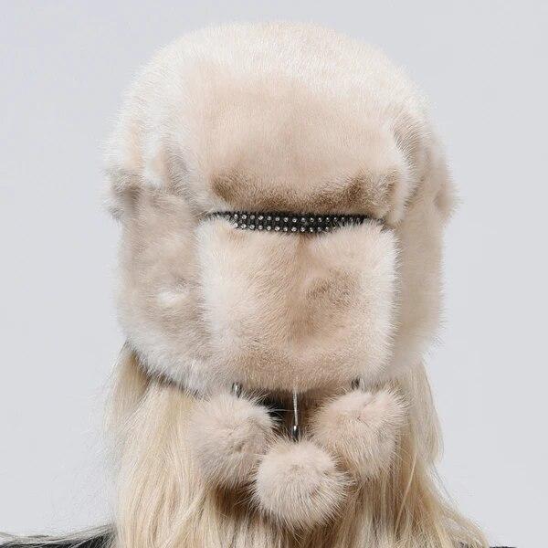 New Luxury Women Elegant Mink Fur Hat Whole Skin Real Fur Hat Full Pelt 3 Balls Diamond Tails Hat Big Warm Women Fur Hat