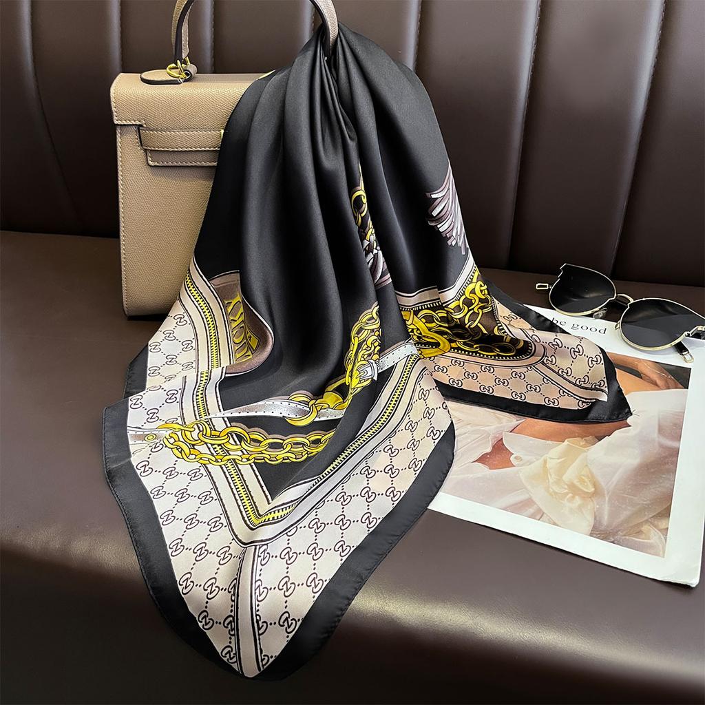 Fashionable Bandana Imitation Silk 70*70Cm Chain Print Square Scarves Women SpringSummer Soft Satin Scarf Hijab Neckerchief