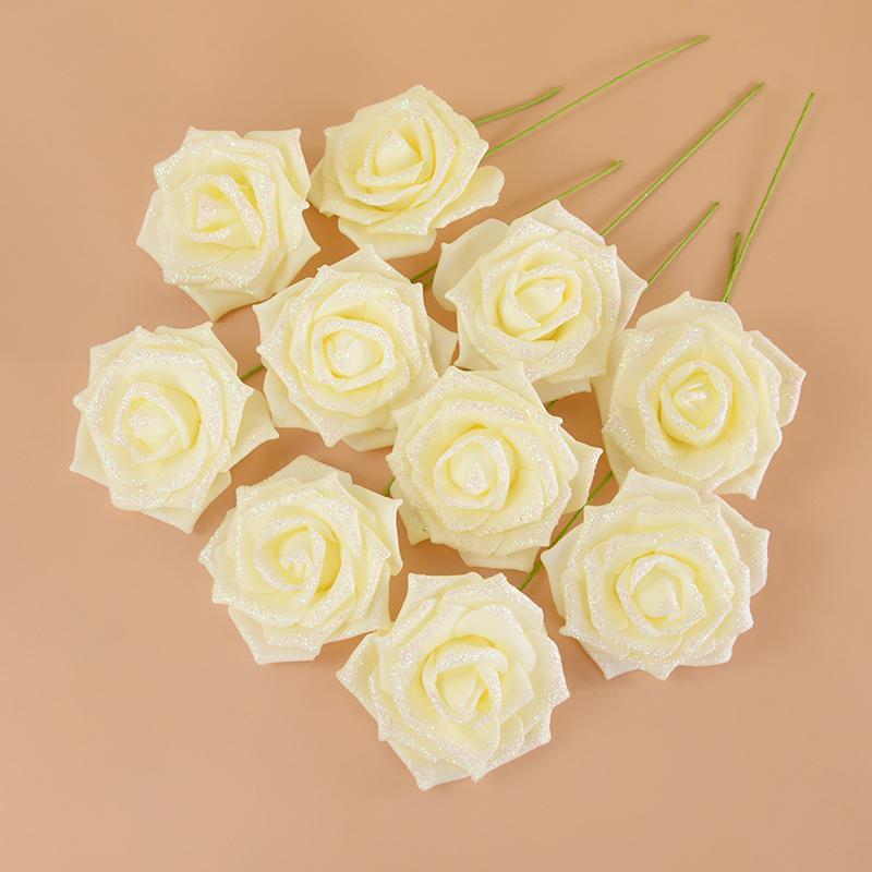 10/20Pcs Artificial Rose Flowers with Stem Foam Glitter Fake Flower Bouquet Wedding Party Centerpieces Home Garden Decoration