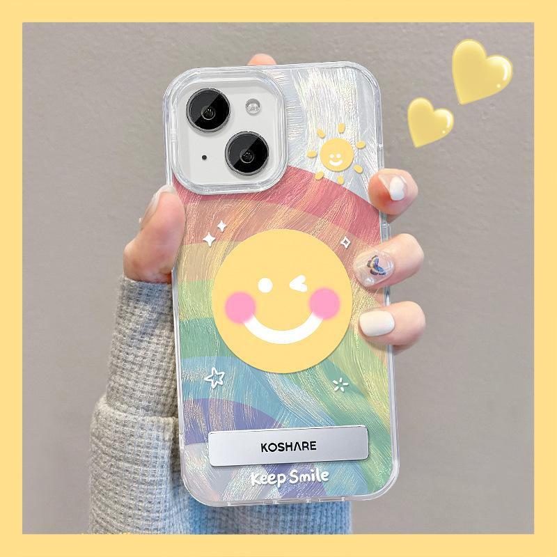 Suitable for Apple 15 Feather Yarn Mobile Phone Case Summer Iphone14pro Smiley Face Rainbow Invisible Bracket 13 Large Hole Soft Edge