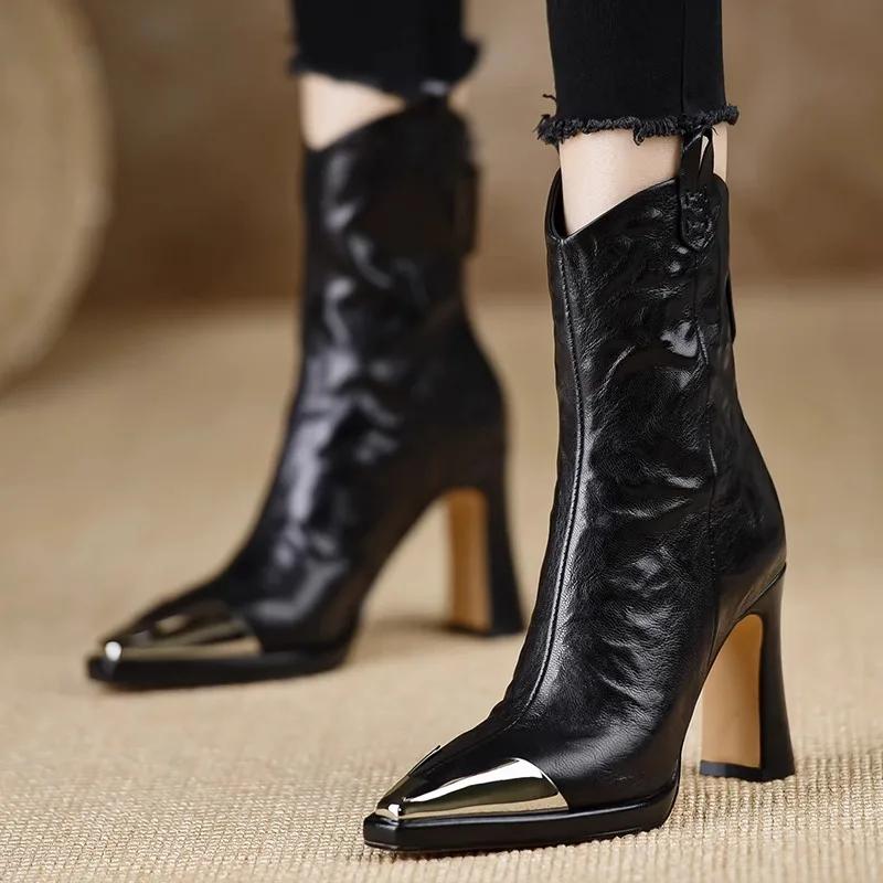 

New Metal Square Toe Ankle Boots for Women Fashion Patent Leather Women s Shoes Botas Mujer High Heels Shoes Women 42