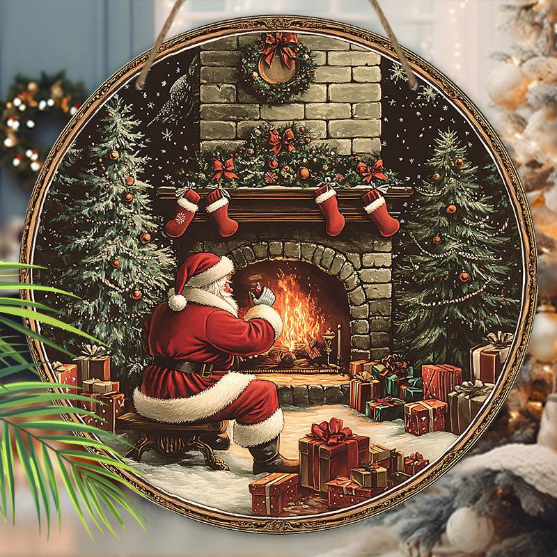 Vintage Wooden Christmas Sign with Santa Claus & Fireplace Pattern, Christmas Eve Round Sign for Front Door Wall Hanging Decor, Ideal Christmas Gift