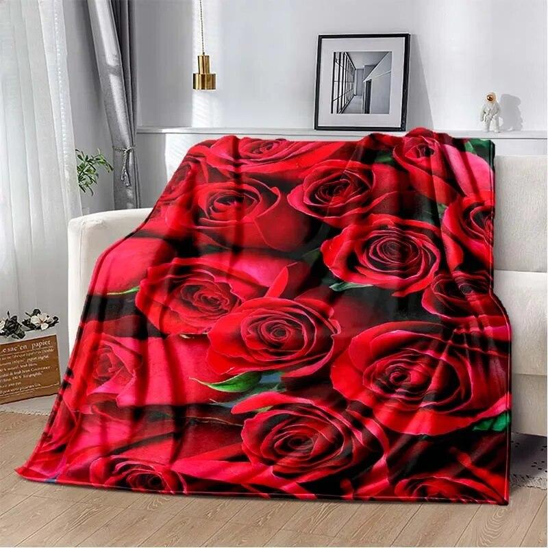 Patterned Red Rose Lightweight Flannel Blanket ,Warm Soft Cozy Blanket Home Decor Birthday Gift For All Season Blanket
